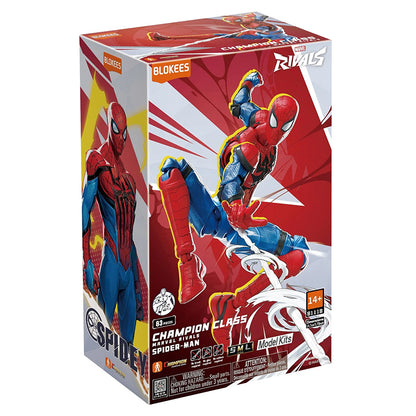 Kit de modèle Marvel Rivals Blokees Spider-Man, figurine de collection détaillée, vue de face avec costume rouge et bleu.