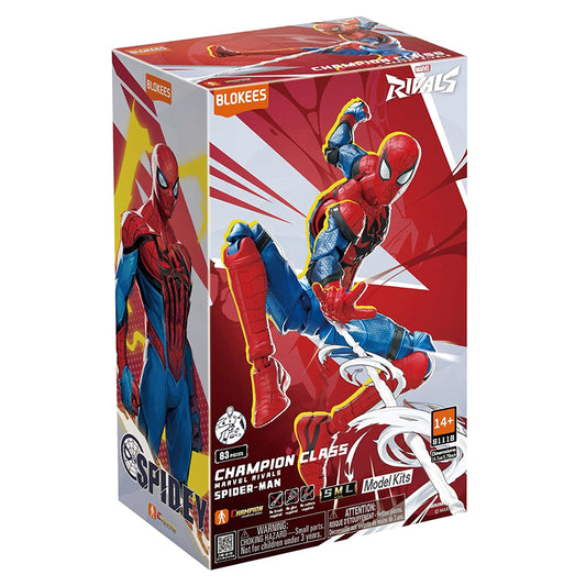 Kit de modèle Marvel Rivals Blokees Spider-Man, figurine de collection détaillée, vue de face avec costume rouge et bleu.
