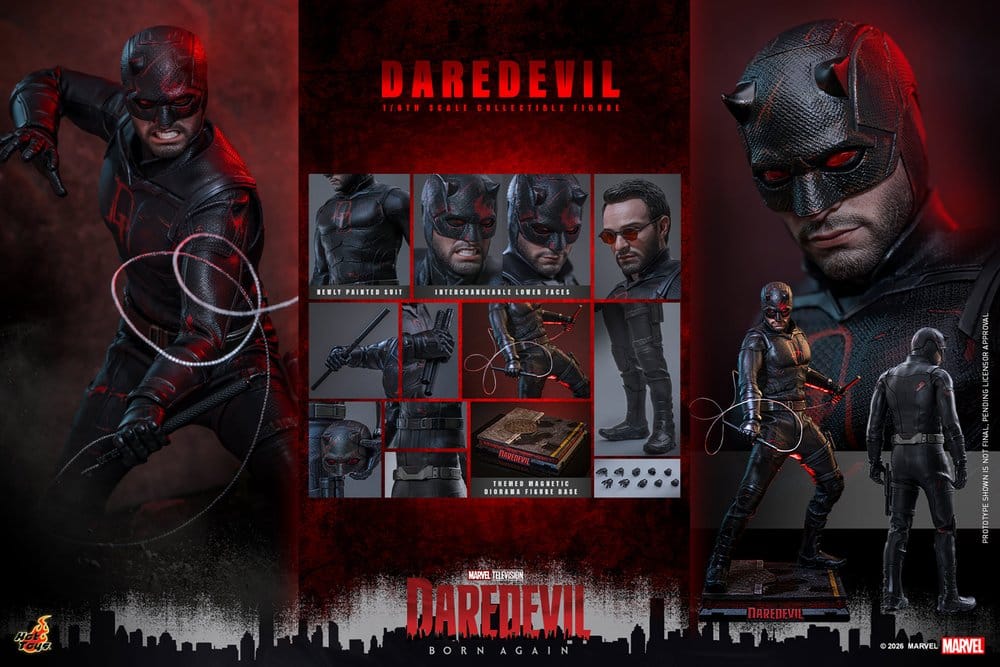 Figurine Daredevil Hot Toys 1/6 Born Again, 30 cm, détail précis du héros en costume rouge avec accessoires.