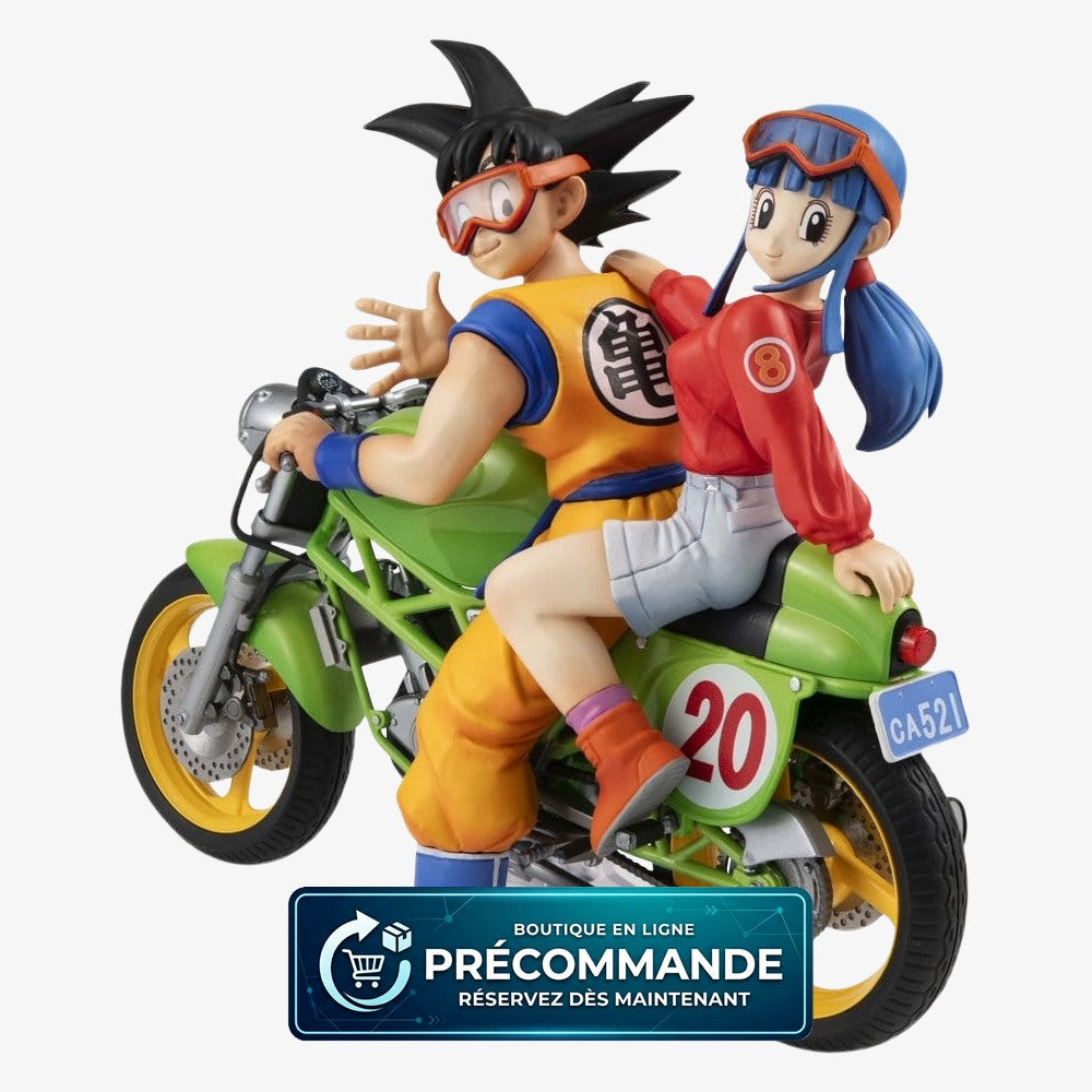 Figurine Dragon Ball Z Son Goku et Chichi de 15 cm, modèle Real McCoy par Megahouse, affichée sur un bureau.