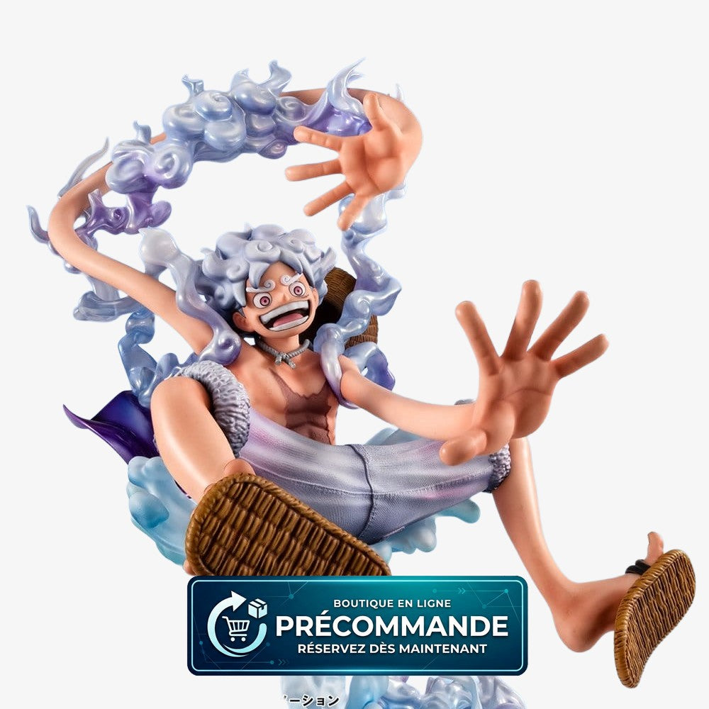 Figurine Monkey D. Luffy Gear Fifth de One Piece de 26 cm, figurine Megahouse, illustration de son évolution dans la série.