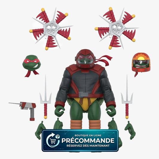 Figurine Raphael Teenage Mutant Ninja Turtles ULTIMATES! Road Gear de Super7, pose détaillée avec accessoires.