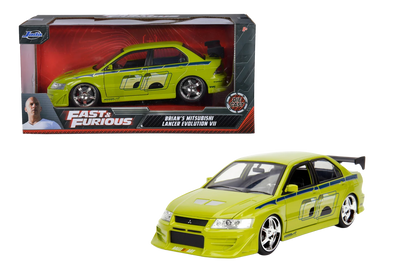 Voiture Jada FAST & FURIOUS Mitsubishi 2002 en modèle réduit 1:24, vue de côté avec détails colorés.