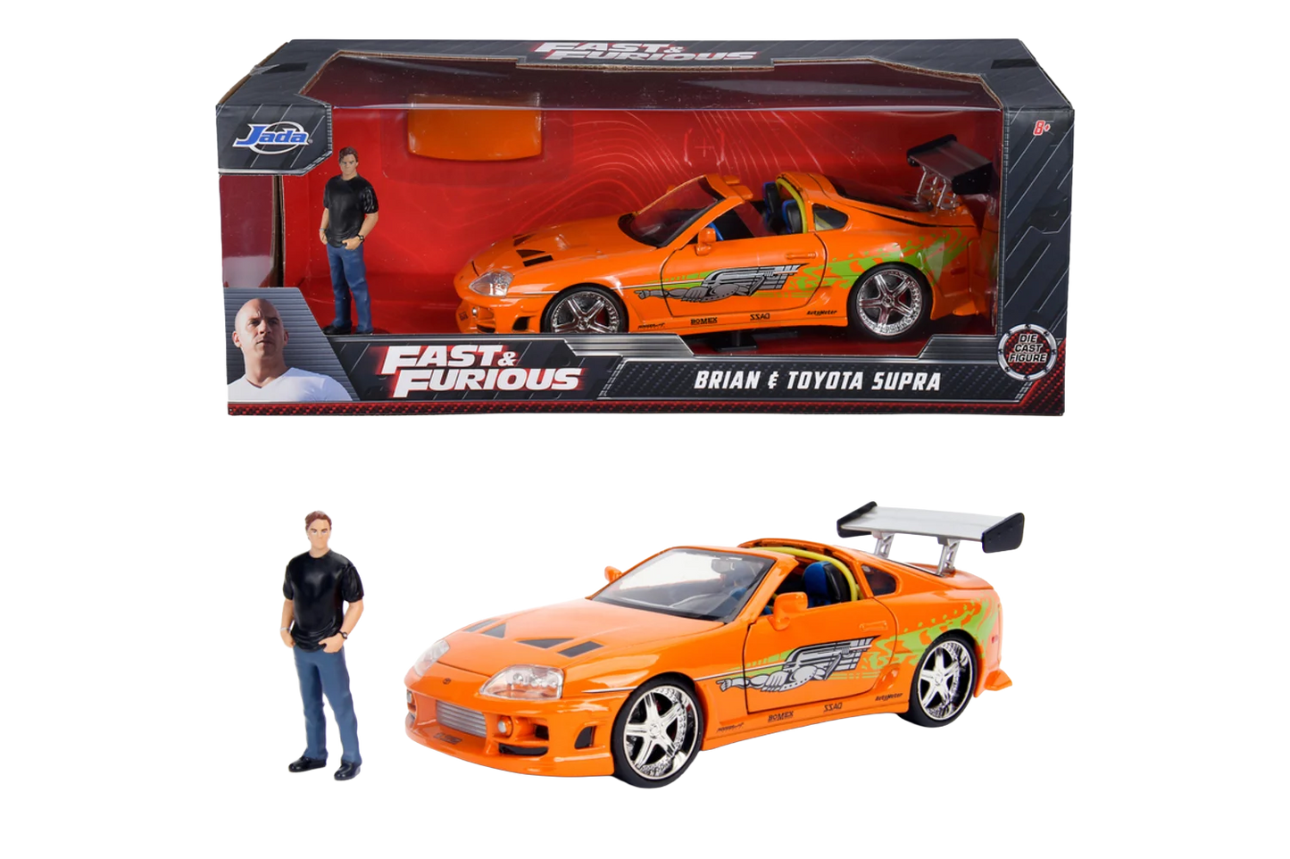 Voiture Jada Toyota Supra Fast & Furious 1995 en modèle réduit 1:24, vue de côté avec détails colorés et design réaliste.
