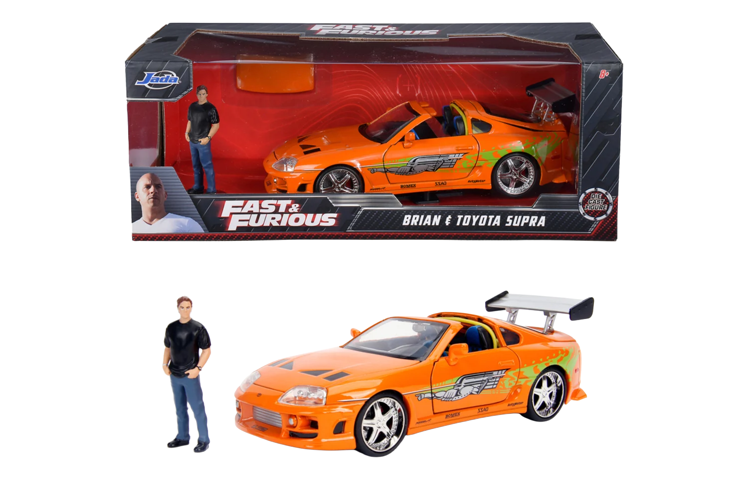 Voiture Jada Toyota Supra Fast & Furious 1995 en modèle réduit 1:24, vue de côté avec détails colorés et design réaliste.