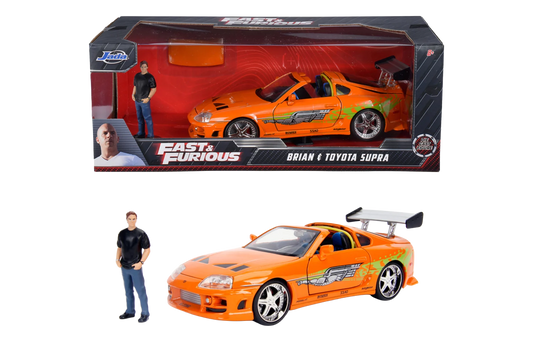 Voiture Jada Toyota Supra Fast & Furious 1995 en modèle réduit 1:24, vue de côté avec détails colorés et design réaliste.