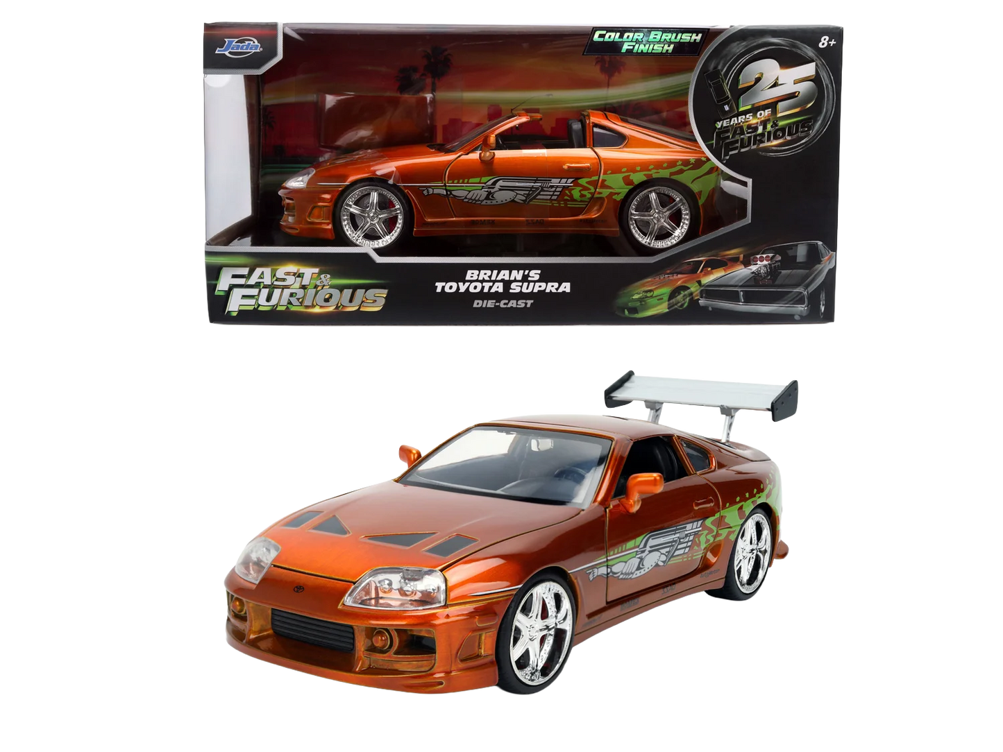 Voiture Jada FAST & FURIOUS Toyota Supra anniversaire, modèle réduit 1:24, vue de côté avec détails colorés.