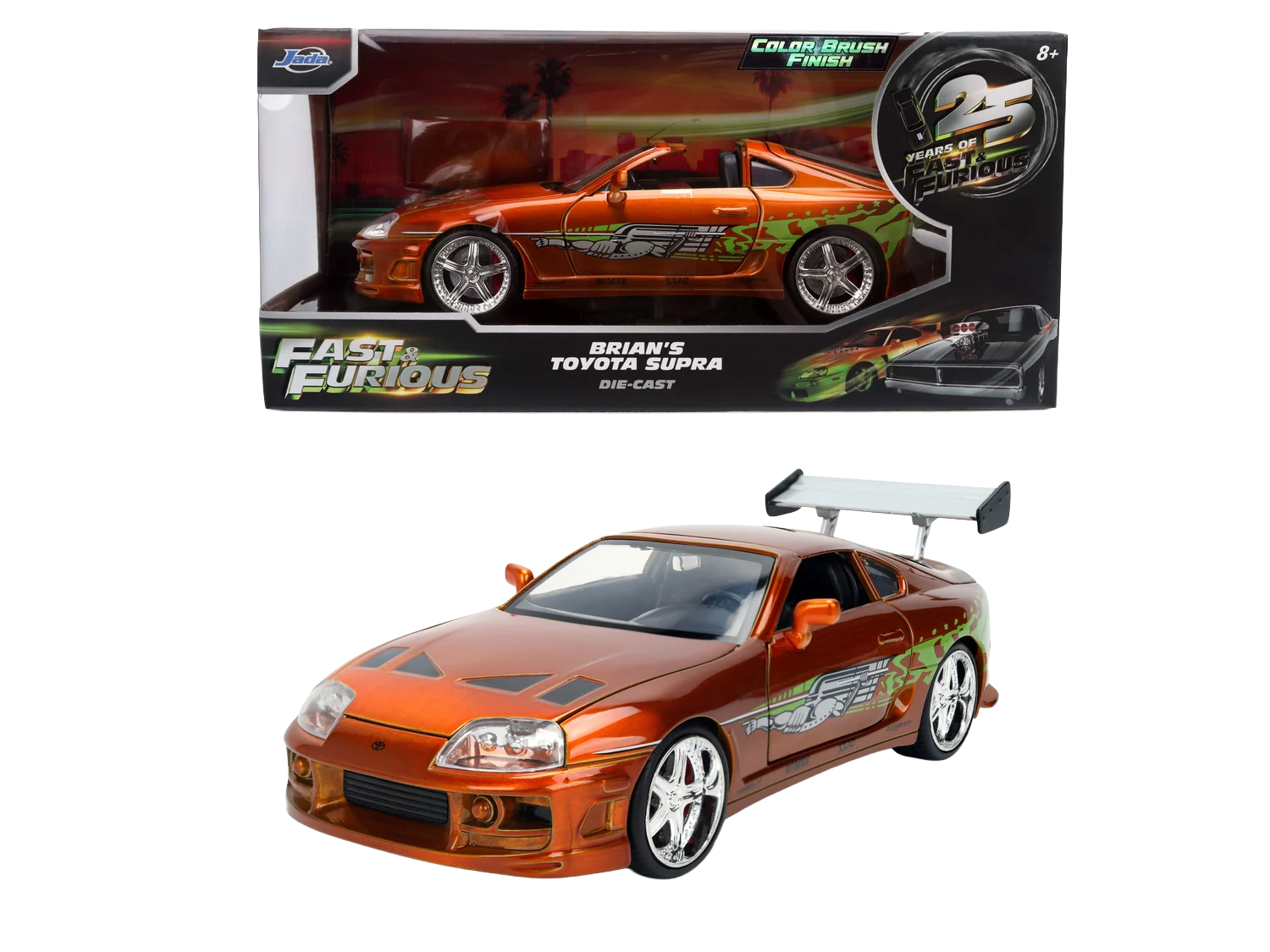 Voiture Jada FAST & FURIOUS Toyota Supra anniversaire, modèle réduit 1:24, vue de côté avec détails colorés.