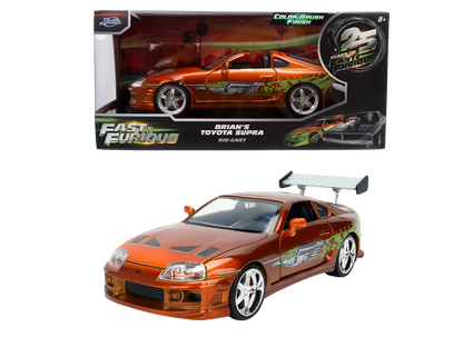Voiture Jada FAST & FURIOUS Toyota Supra anniversaire, modèle réduit 1:24, vue de côté avec détails colorés.