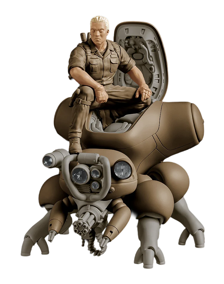 Kit de modèle Ghost in the Shell MF-95 Batou et Fuchikoma de Max Factory, figures détaillées en plastique, vue de l'ensemble du kit.
