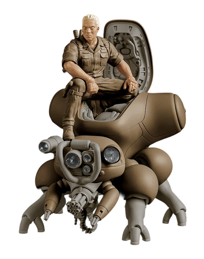 Kit de modèle Ghost in the Shell MF-95 Batou et Fuchikoma de Max Factory, figures détaillées en plastique, vue de l'ensemble du kit.