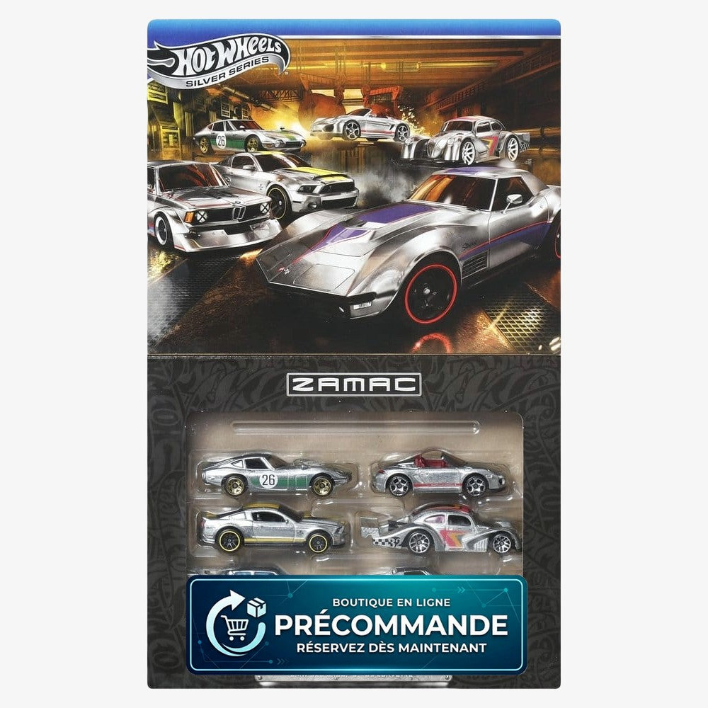 Pack de 6 véhicules Hot Wheels Silver Series en zamac, modèles die-cast 1/64, fabriqués par Mattel, avec détails métalliques brillants.