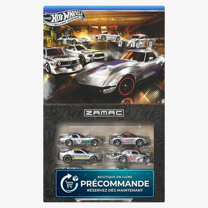 Pack de 6 véhicules Hot Wheels Silver Series en zamac, modèles die-cast 1/64, fabriqués par Mattel, avec détails métalliques brillants.