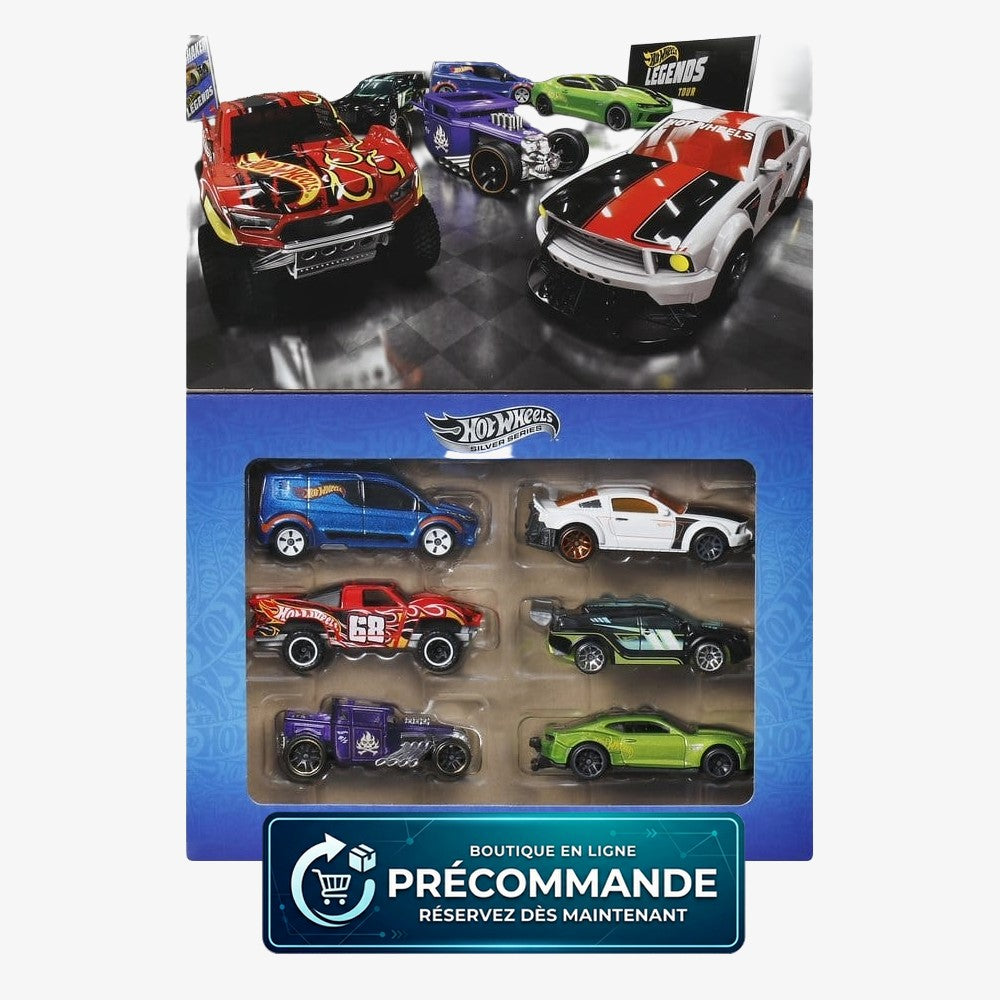 Pack de 6 véhicules Hot Wheels Silver Series en métal moulé, modèles de légende, de la marque Mattel.