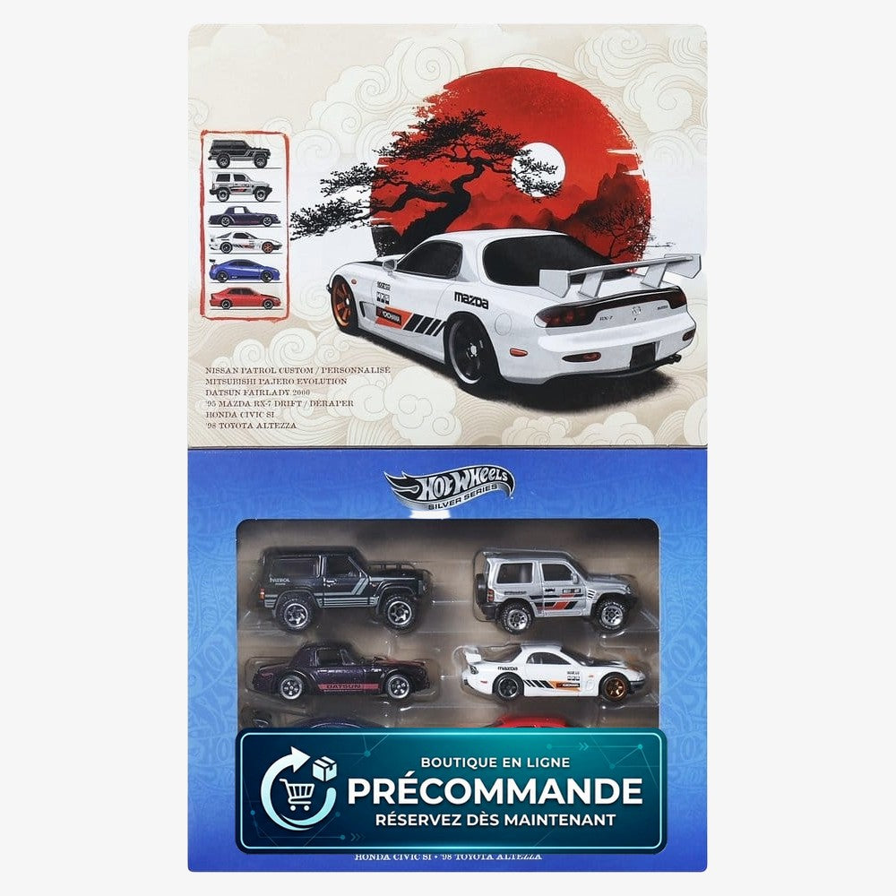 Ensemble de 6 véhicules Hot Wheels Silver Series en métal die-cast 1/64, style Streets of Japan, par Mattel, montrant des voitures colorées.