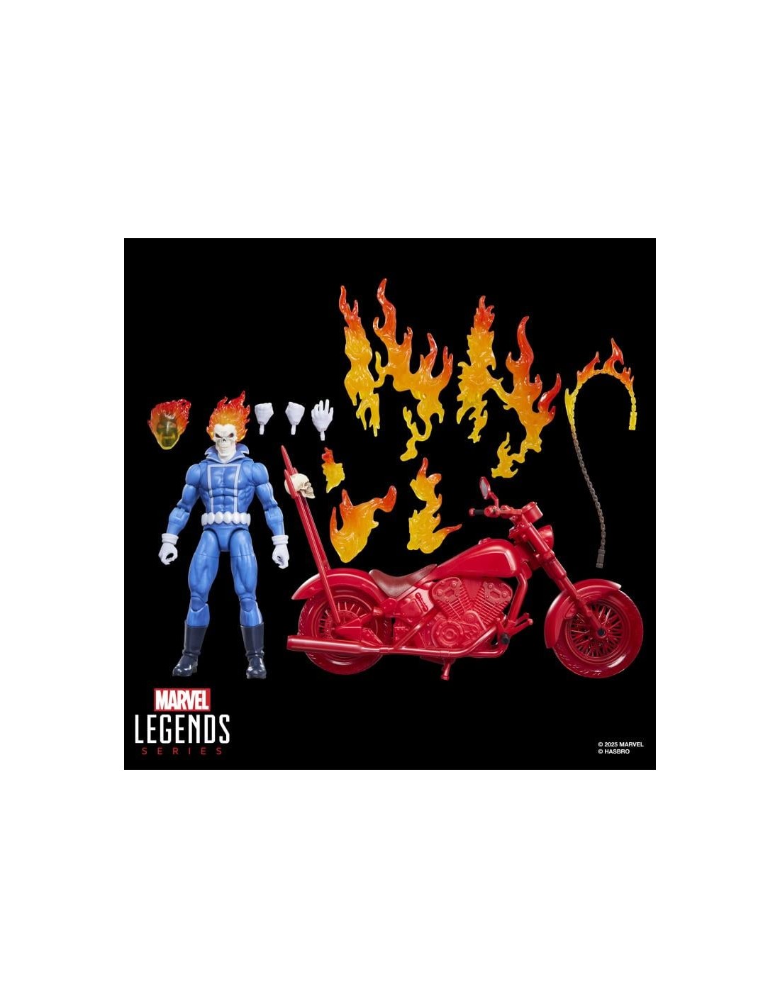 Figurine Ghost Rider avec moto de la série Marvel Legends de Hasbro, Johnny Blaze, 15 cm, détails de la figurine et de la moto.