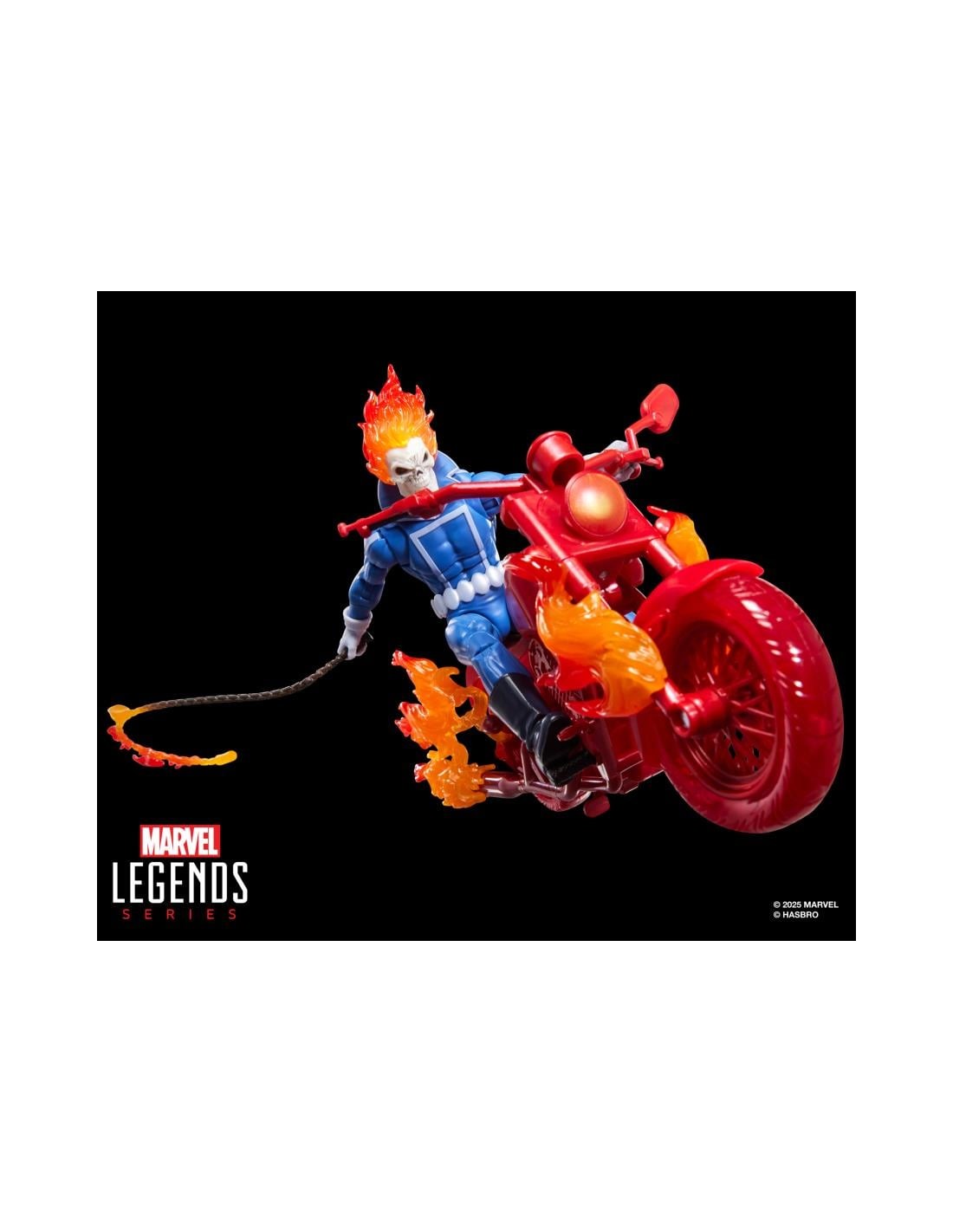 Figurine Ghost Rider de Marvel Legends par Hasbro avec moto, Johnny Blaze, 15 cm, détail et posture dynamique.