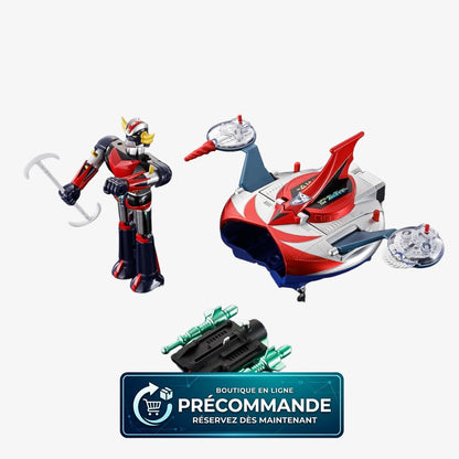 Figurines Goldorak et Ufo Spazer Popy Chogokin Deluxe, collection Bandai Tamashii Nation, montrant les détails en figurines.