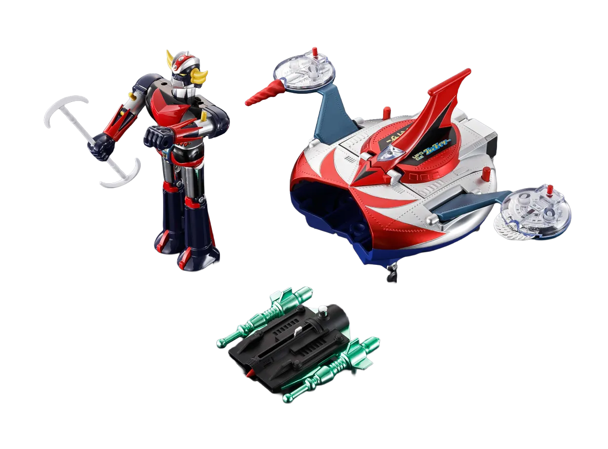 Figurines Bandai Tamashii Nation Grendizer et Ufo Spazer Popy Chogokin Deluxe Reissue, figurines de robot doré et bleu avec détails.