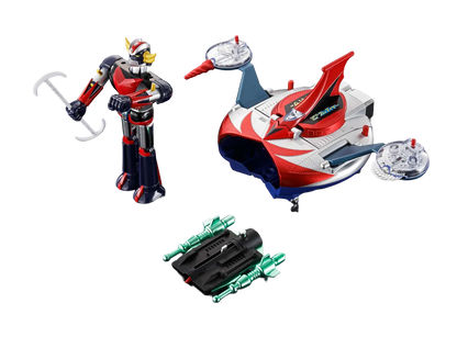 Figurines Bandai Tamashii Nation Grendizer et Ufo Spazer Popy Chogokin Deluxe Reissue, figurines de robot doré et bleu avec détails.