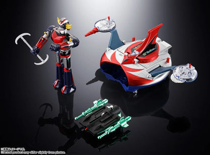 Figurine Bandai Tamashii Nation Grendizer et Ufo Spazer Popy Chogokin Deluxe Reissue, détails dorés, collection de robot japonais.