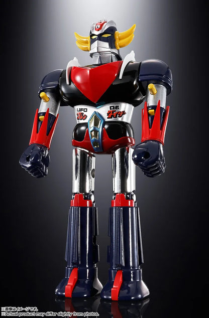 Figurine Bandai Tamashii Nation Grendizer et Ufo Spazer Popy Chogokin Deluxe, détails en or et design précis.