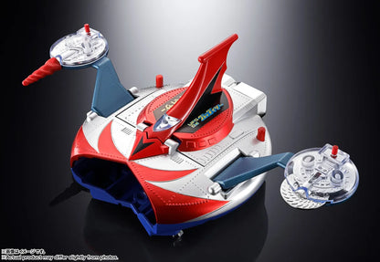 Figurine Bandai Tamashii Nation Grendizer et Ufo Spazer Popy Chogokin Deluxe Reissue, détails dorés et pose dynamique.