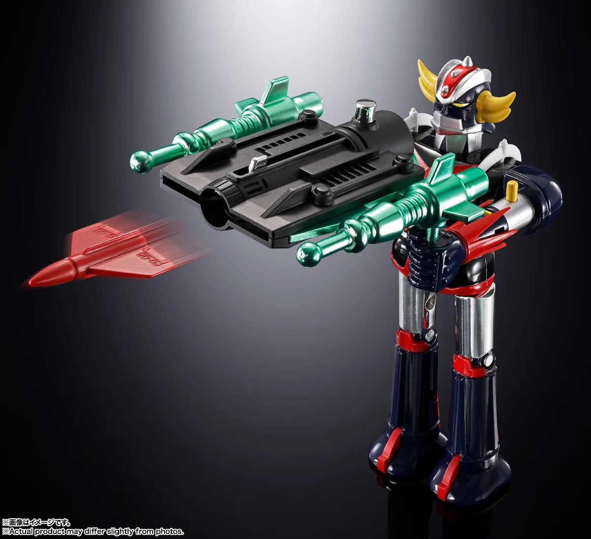 Figurine Bandai Tamashii Nation Goldorak et UFO Spazer Popy Chogokin Deluxe Set Reissue, détails en métal doré et articulation.
