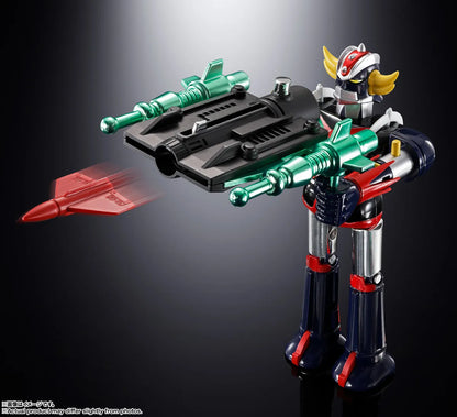 Figurine Bandai Tamashii Nation Goldorak et UFO Spazer Popy Chogokin Deluxe Set Reissue, détails en métal doré et articulation.