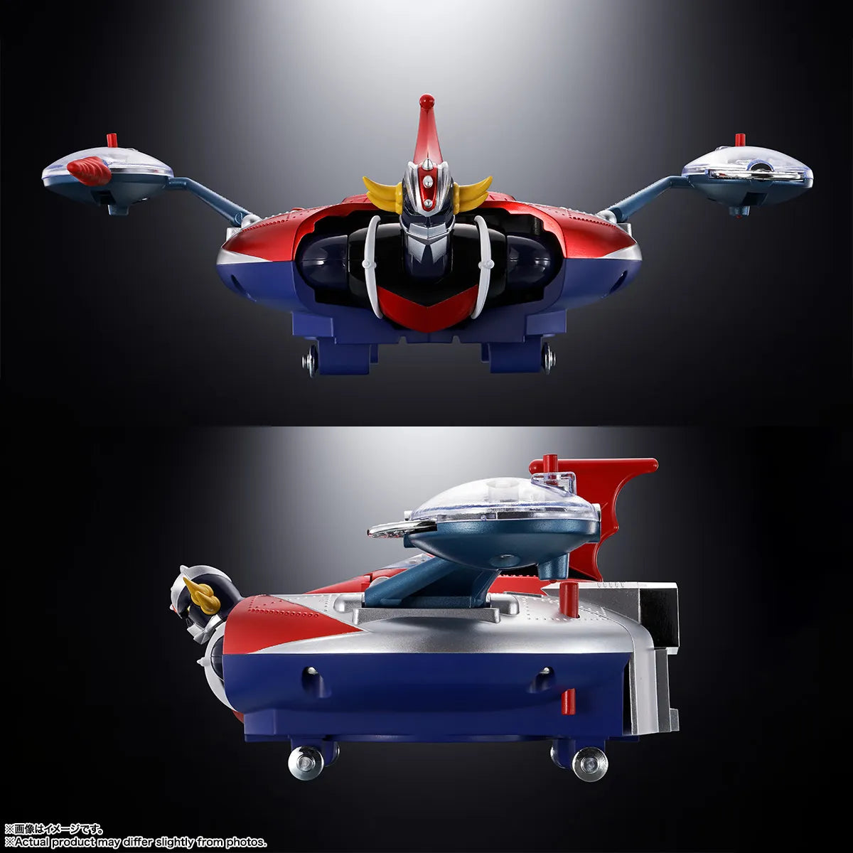 Figurine Bandai Tamashii Nation Grendizer et Ufo Spazer Popy Chogokin Deluxe, détails dorés et pose dynamique.