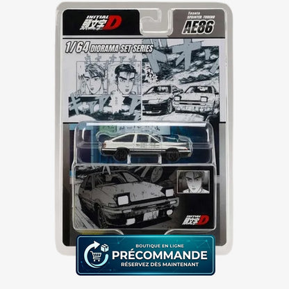 Voiture miniature AE86 Takumi Fujiwara vs Nakazato, collection Initial D, échelle 1:64, modèle Metro K, détails précis.