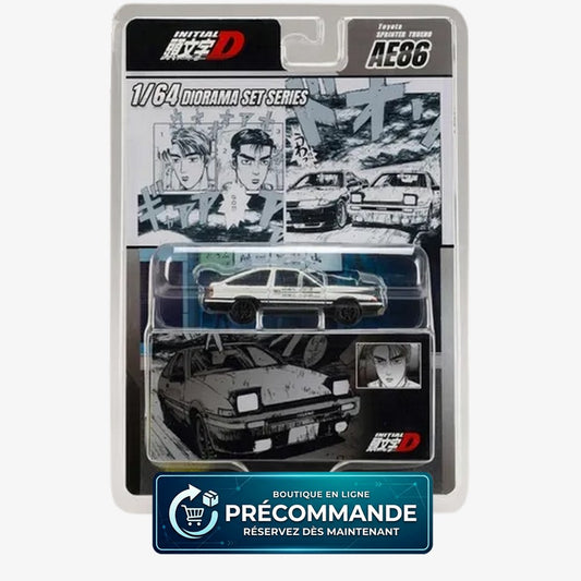Voiture miniature AE86 Takumi Fujiwara vs Nakazato, collection Initial D, échelle 1:64, modèle Metro K, détails précis.