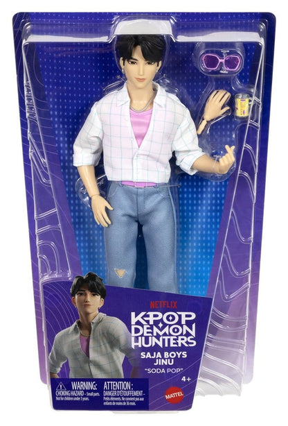 Poupée KPop Demon Hunters Saja Boys Jinu « Soda Pop » de 30 cm de la marque Mattel, vêtue de style KPop et accessoires colorés