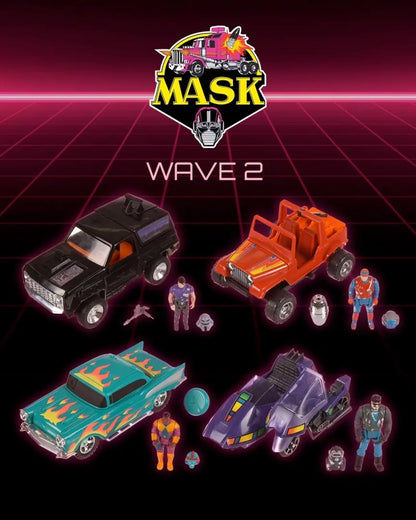Figurine M.A.S.K. Hurricane de The Loyal Subject, détail du véhicule avec motif de vague colorée.