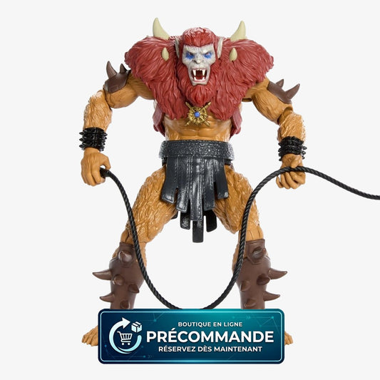 Figurine Beast Man de 14 cm, personnage de Masters of the Universe Movie Chronicles, fabriquée par Mattel, avec détails de masque et véhicule.