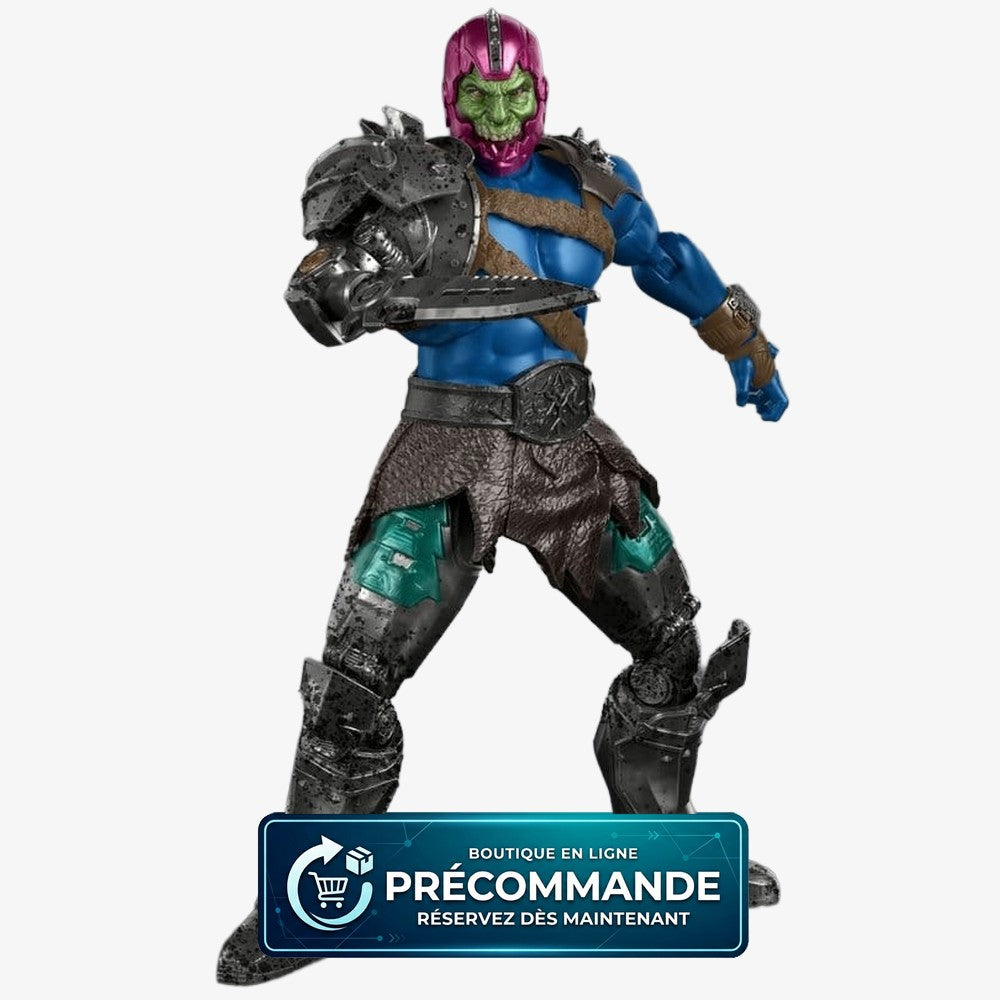 Figurine Trap-Jaw de Masters of the Universe Movie Chronicles par Mattel, vue de face avec détails du masque et du look futuriste.