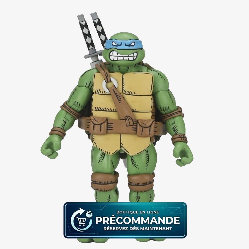 Figurine NECA Ultimate Leonardo TMNT x Usagi Yojimbo, 18 cm, avec masque et détails de style comic, vue de face.