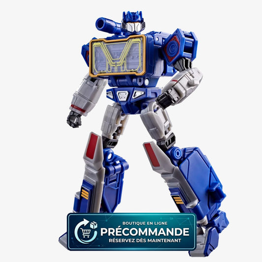 Figurine Soundwave Deluxe de Transformers Studio Series par Hasbro, vue de face avec détails de véhicule et robot.