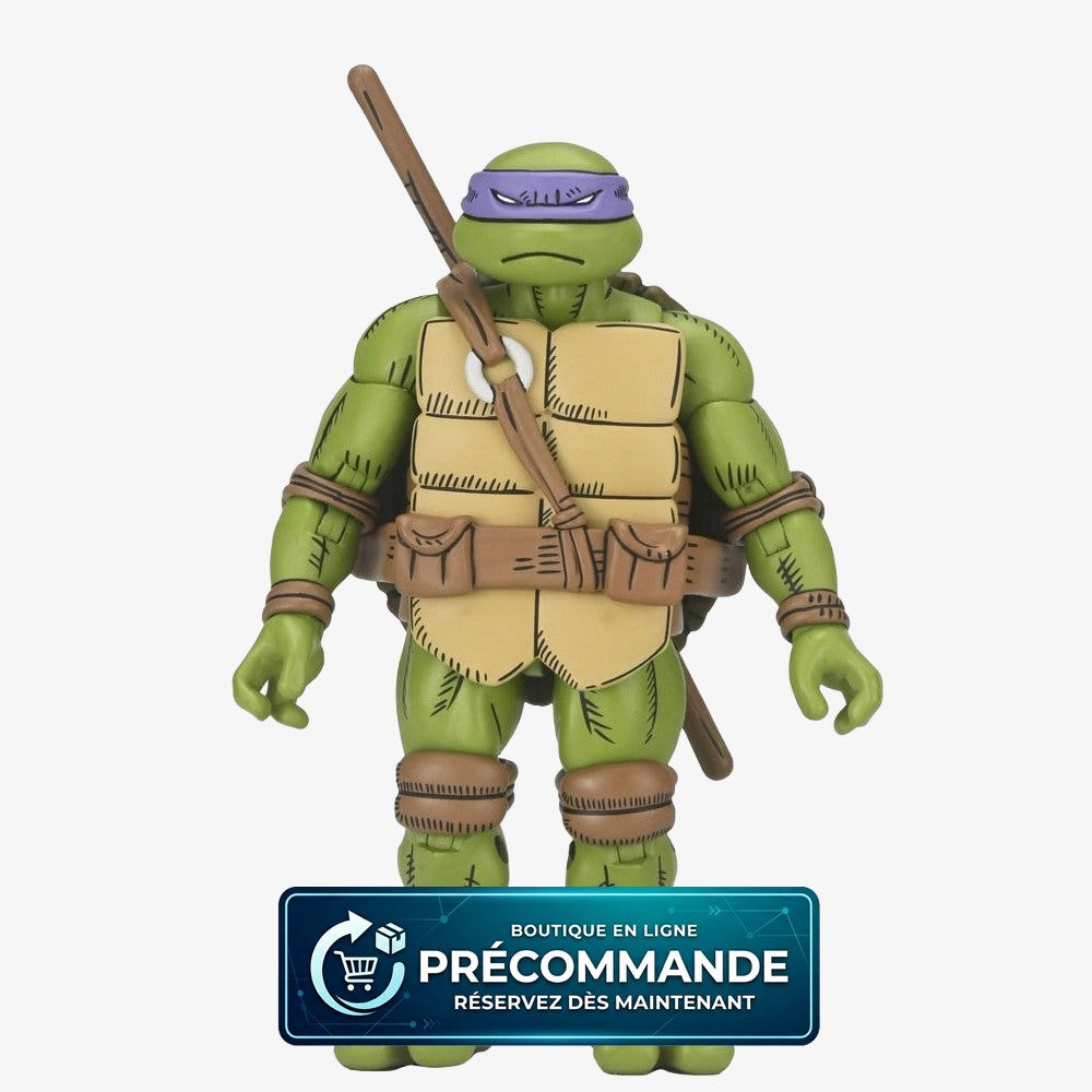 Figurine NECA Turtle Ninja Donatello des Comics TMNT x Usagi Yojimbo, 18 cm, détail de la figurine avec masque et armes
