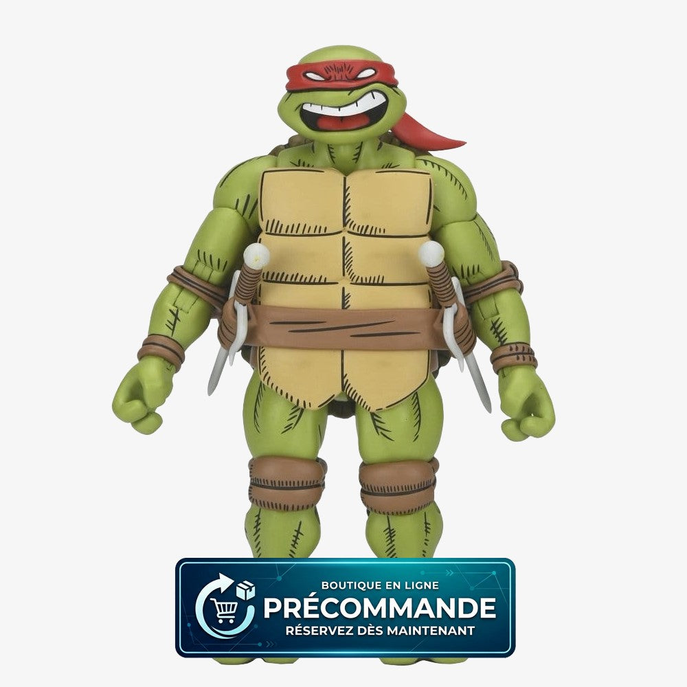 Figurine NECA TMNT x Usagi Yojimbo Raphael ultime, 18 cm, avec masque et détails de style comic, pose dynamique.