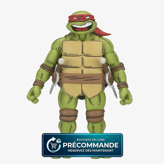 Figurine NECA TMNT x Usagi Yojimbo Raphael ultime, 18 cm, avec masque et détails de style comic, pose dynamique.