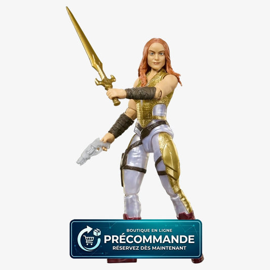 Figurine Teela de 14 cm, personnage de Masters of the Universe 2026 Movie, fabriquée par Mattel, détail de la figurine avec masque et accessoires