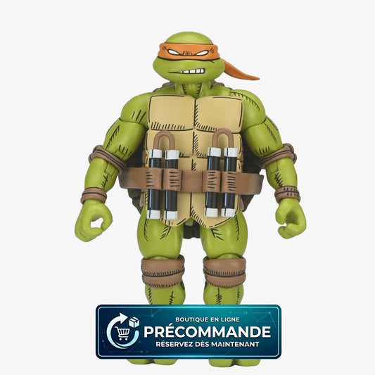 Figurine Neca TMNT x Usagi Yojimbo Ultimate Michelangelo de 18 cm avec masque et détails de style comic.
