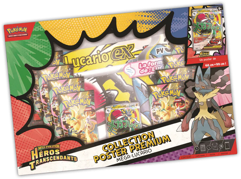 Cartes du jeu de cartes Mega-Lucario, coffret collection Méga-Évolution Héros Transcendants, édition premium Asmodée.