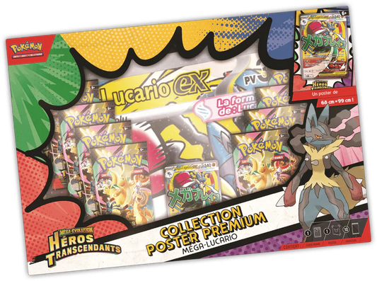 Cartes du jeu de cartes ME2.5 Méga-Évolution Mega-Lucario, coffret collection Héros Transcendants, poster premium Asmodée
