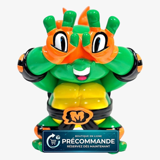 Figurine en vinyle Michelangelo des Tortues Ninja x Grape Brain, 24 cm, pose dynamique, détails colorés, édition BigBoysToys