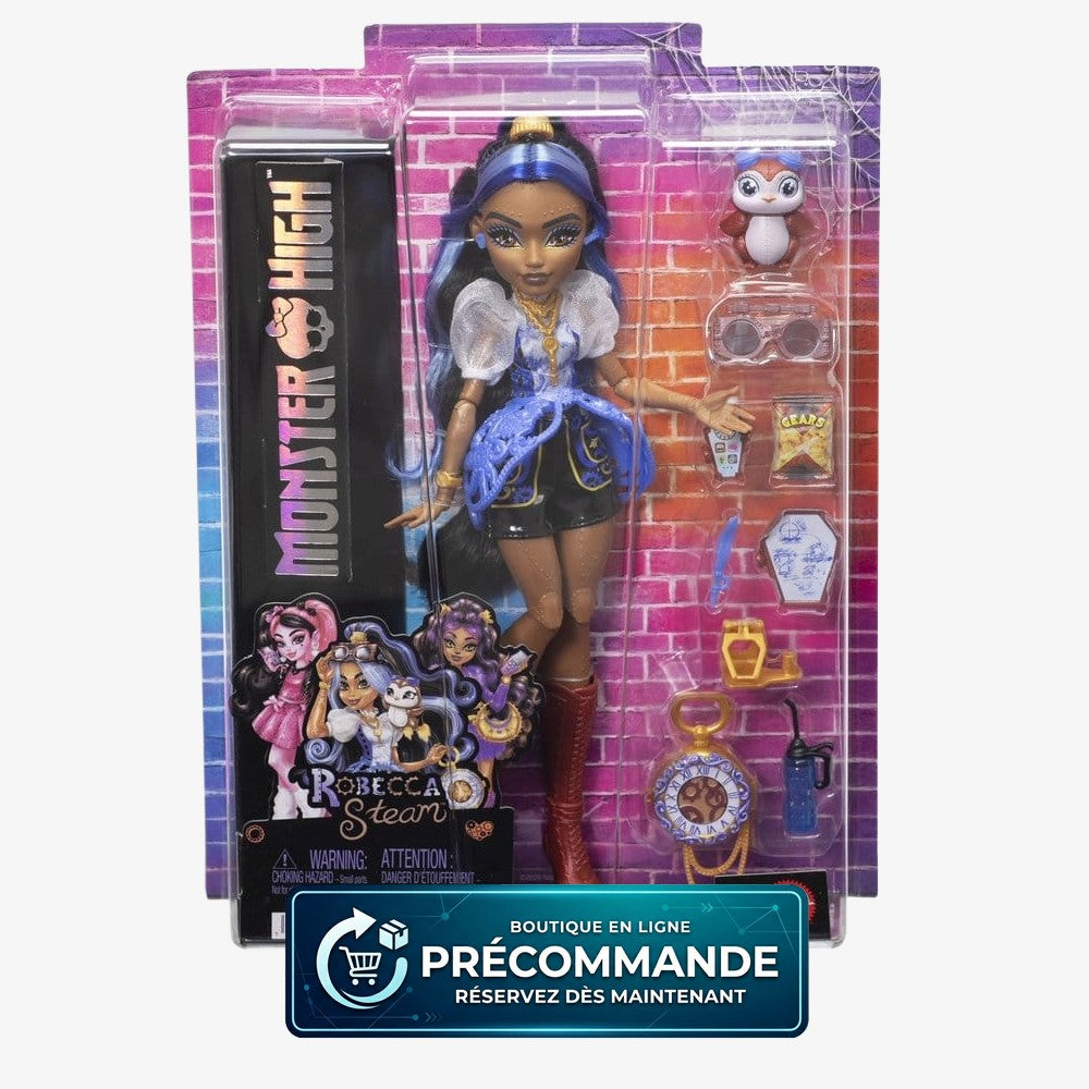 Figurine Monster High Robecca Steam de Mattel, détail de la poupée avec sa robe unique et accessoires colorés.