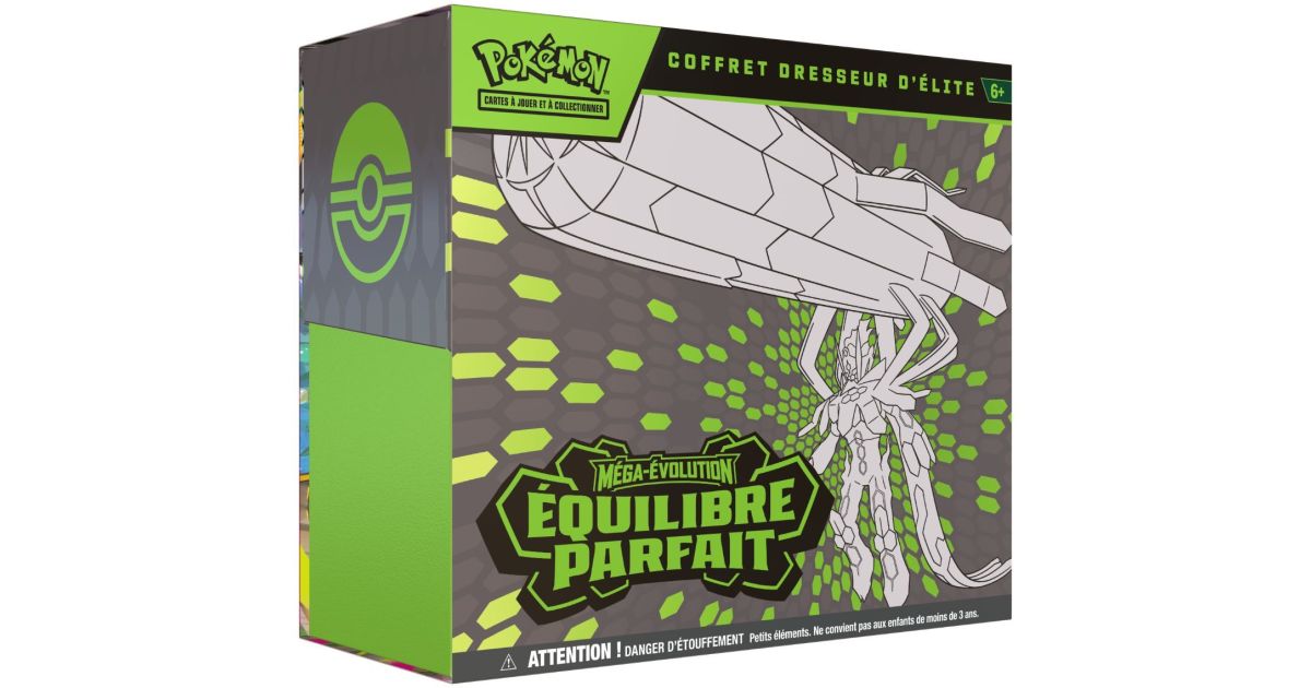 Coffret Dresseur d’Élite Pokémon Mega Evolution : Équilibre Parfait, jeu de cartes de la version française, avec illustrations de Pokémon.