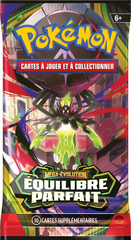 Jeu de cartes Boosters ME03 Méga-Évolution EQUILIBRE PARFAIT d'Asmodée, face visible avec illustrations colorées.