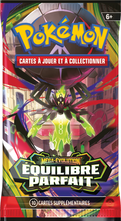 Jeu de cartes Boosters ME03 Méga-Évolution EQUILIBRE PARFAIT d'Asmodée, face visible avec illustrations colorées.